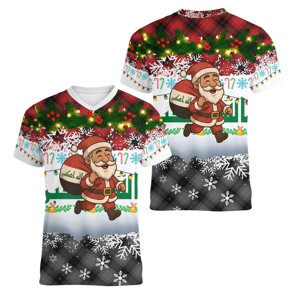 Iraq Christmas Women V-Neck T-Shirt with Santa Carrying Gift Bag Flag Garland and Snowflake Plaid Pattern - Wonder Print Shop