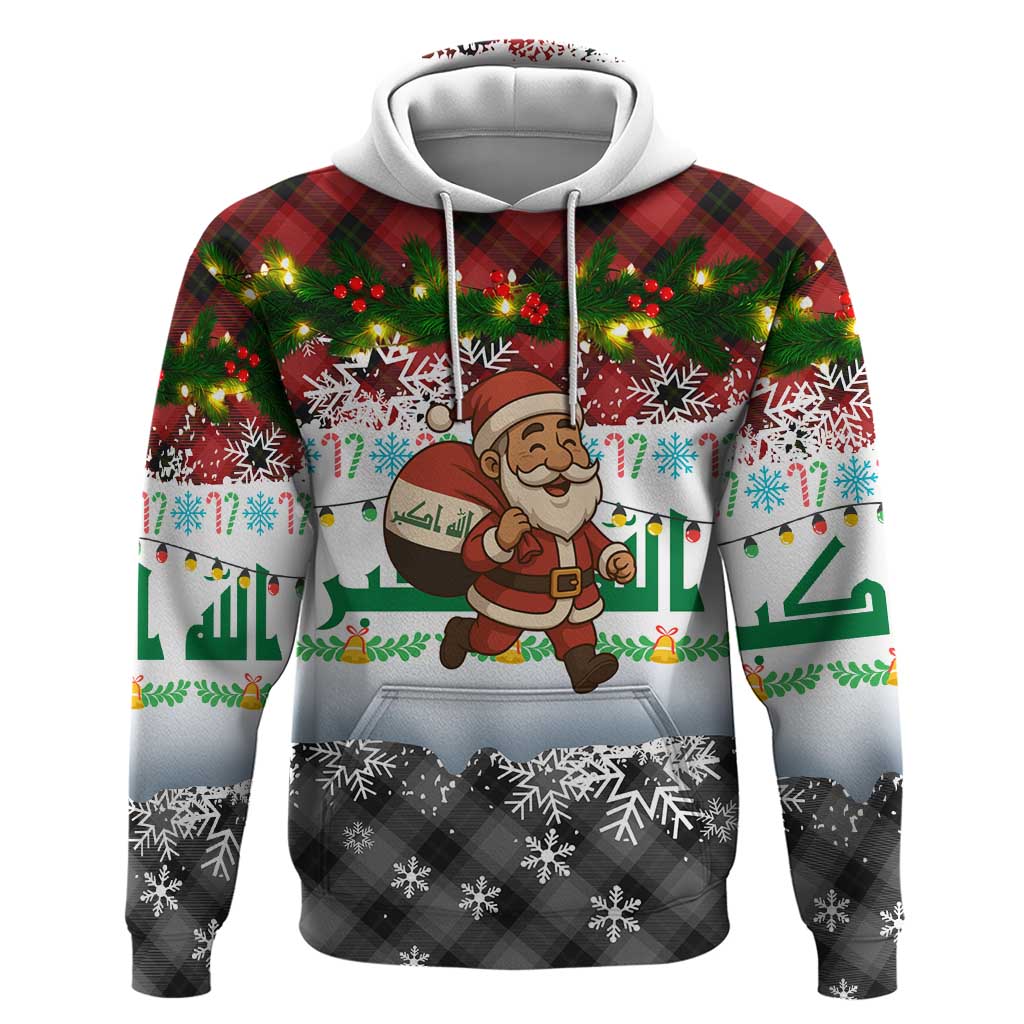 Iraq Christmas Zip Hoodie with Santa Carrying Gift Bag Flag Garland and Snowflake Plaid Pattern - Wonder Print Shop