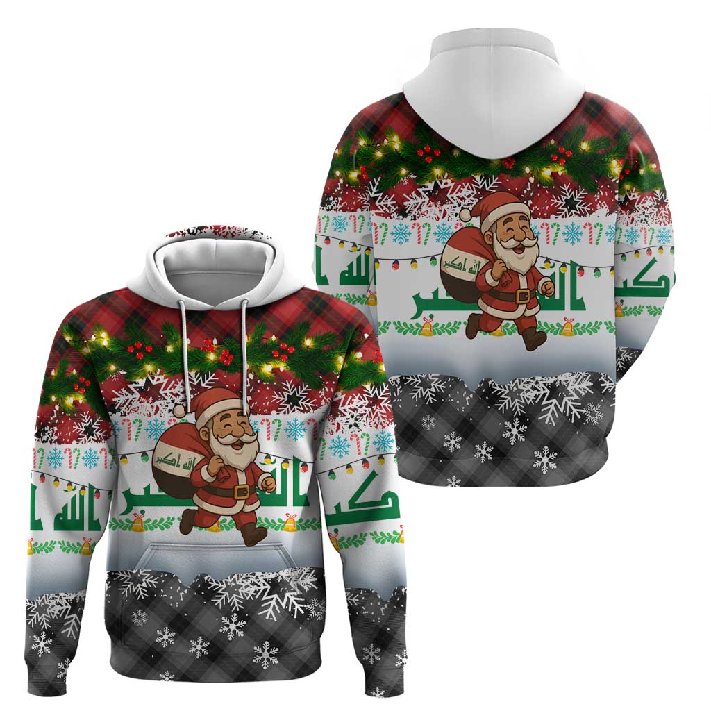 Iraq Christmas Zip Hoodie with Santa Carrying Gift Bag Flag Garland and Snowflake Plaid Pattern - Wonder Print Shop