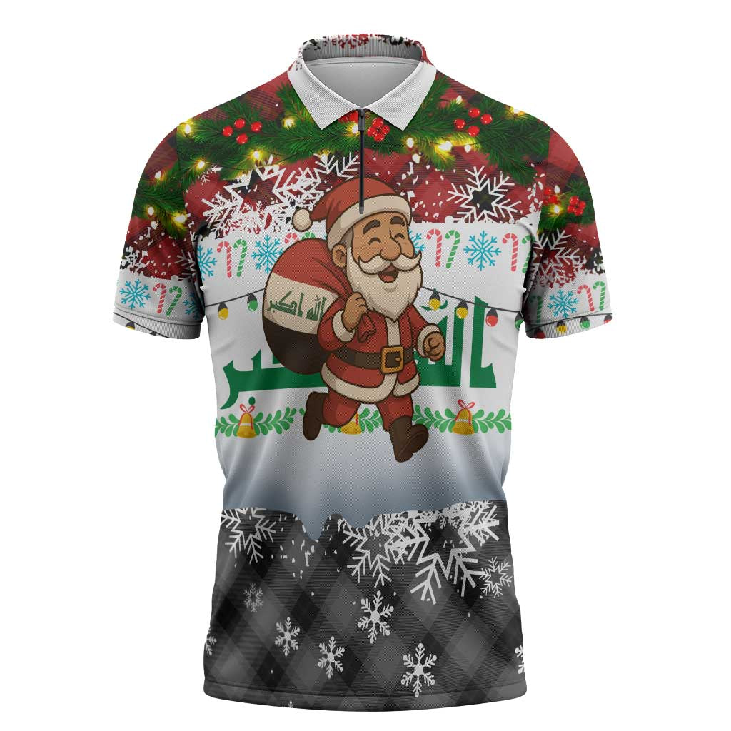 Iraq Christmas Zipper Polo Shirt with Santa Carrying Gift Bag Flag Garland and Snowflake Plaid Pattern - Wonder Print Shop