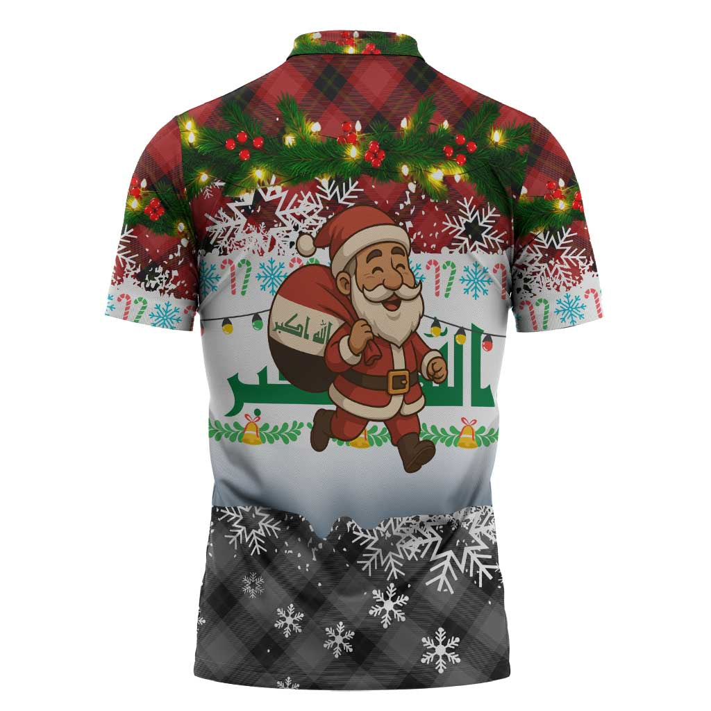 Iraq Christmas Zipper Polo Shirt with Santa Carrying Gift Bag Flag Garland and Snowflake Plaid Pattern - Wonder Print Shop