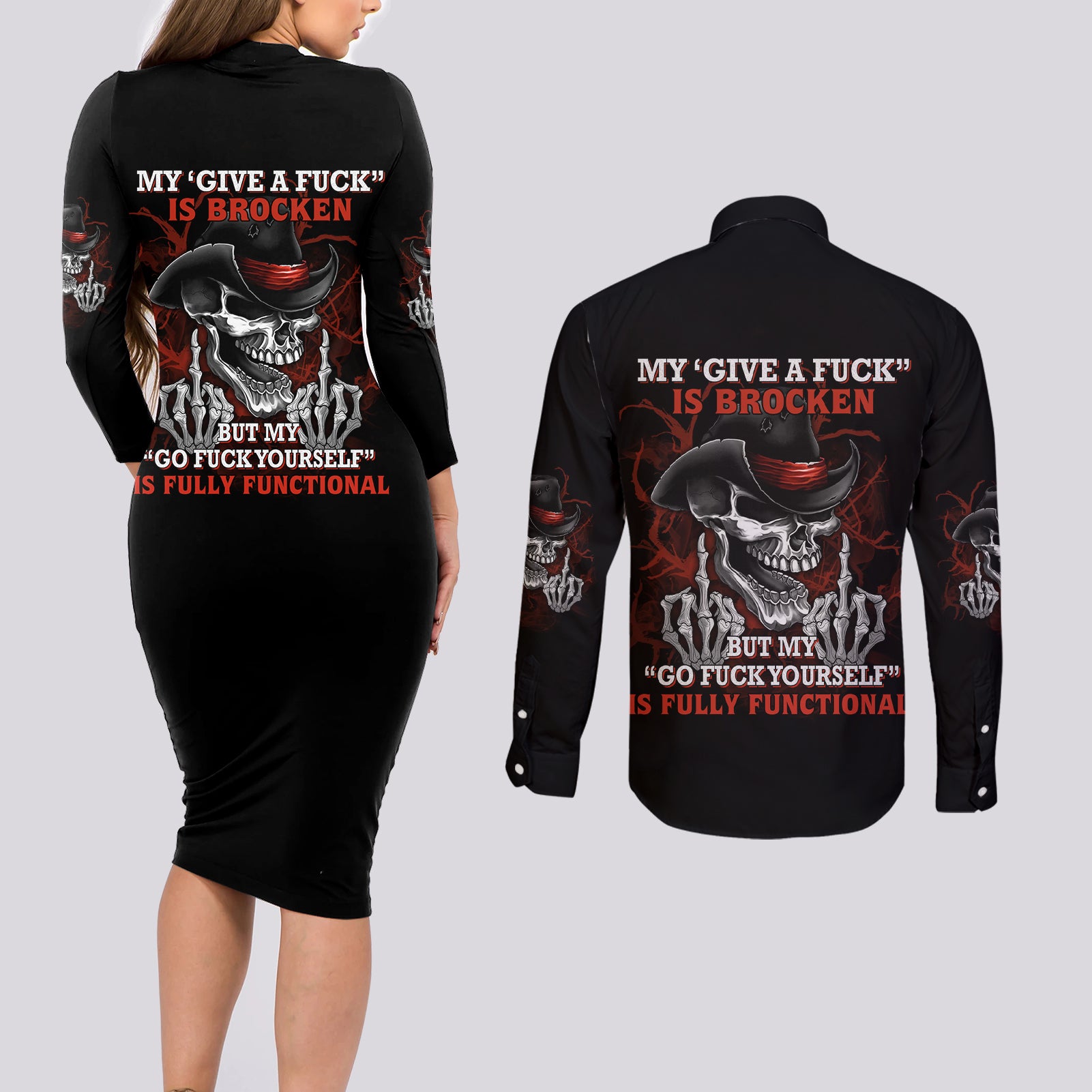 My 'give A F' Is Broken Couples Matching Long Sleeve Bodycon Dress and Long Sleeve Button Shirt - Wonder Print Shop