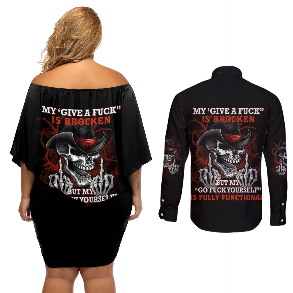 My 'give A F' Is Broken Couples Matching Off Shoulder Short Dress and Long Sleeve Button Shirt - Wonder Print Shop