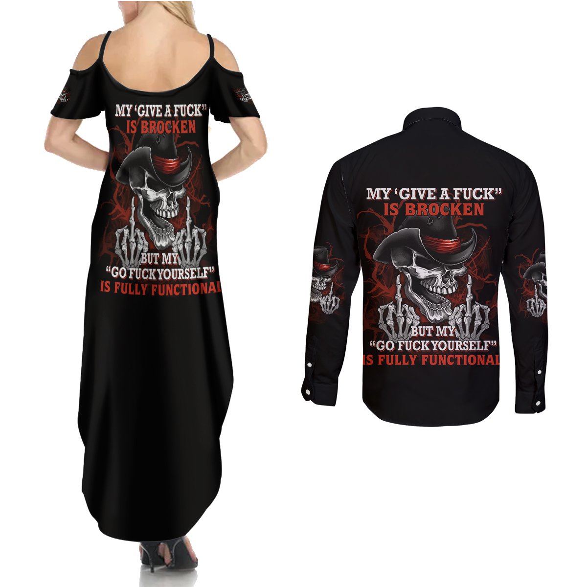 My 'give A F' Is Broken Couples Matching Summer Maxi Dress and Long Sleeve Button Shirt - Wonder Print Shop