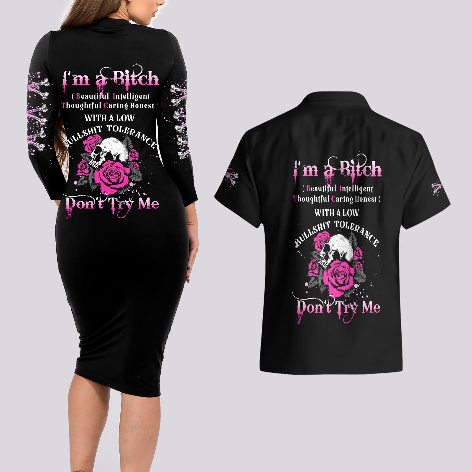 I'm A B Don't Try Me Rose Skull Couples Matching Long Sleeve Bodycon Dress and Hawaiian Shirt - Wonder Print Shop