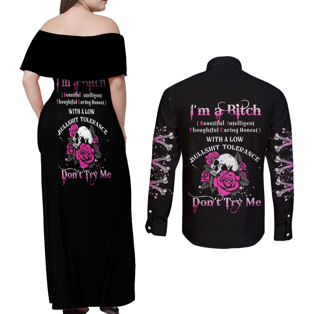 I'm A B Don't Try Me Rose Skull Couples Matching Off Shoulder Maxi Dress and Long Sleeve Button Shirt - Wonder Print Shop