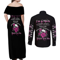 I'm A B Don't Try Me Rose Skull Couples Matching Off Shoulder Maxi Dress and Long Sleeve Button Shirt - Wonder Print Shop