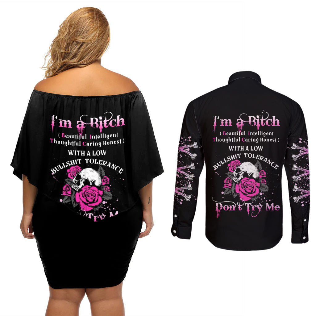 I'm A B Don't Try Me Rose Skull Couples Matching Off Shoulder Short Dress and Long Sleeve Button Shirt - Wonder Print Shop
