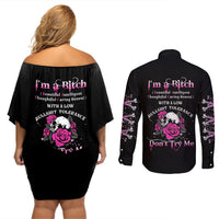 I'm A B Don't Try Me Rose Skull Couples Matching Off Shoulder Short Dress and Long Sleeve Button Shirt - Wonder Print Shop