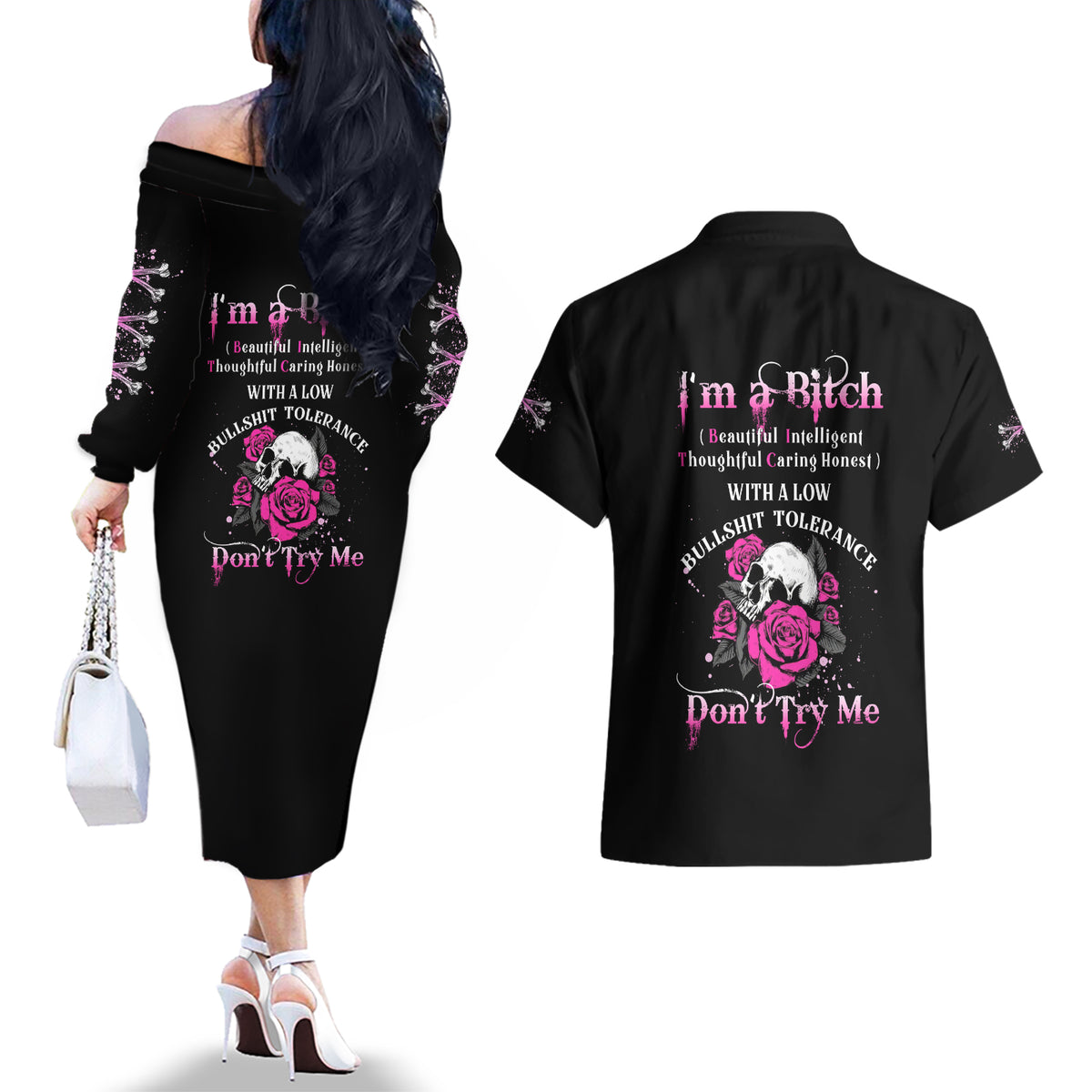 I'm A B Don't Try Me Rose Skull Couples Matching Off The Shoulder Long Sleeve Dress and Hawaiian Shirt - Wonder Print Shop