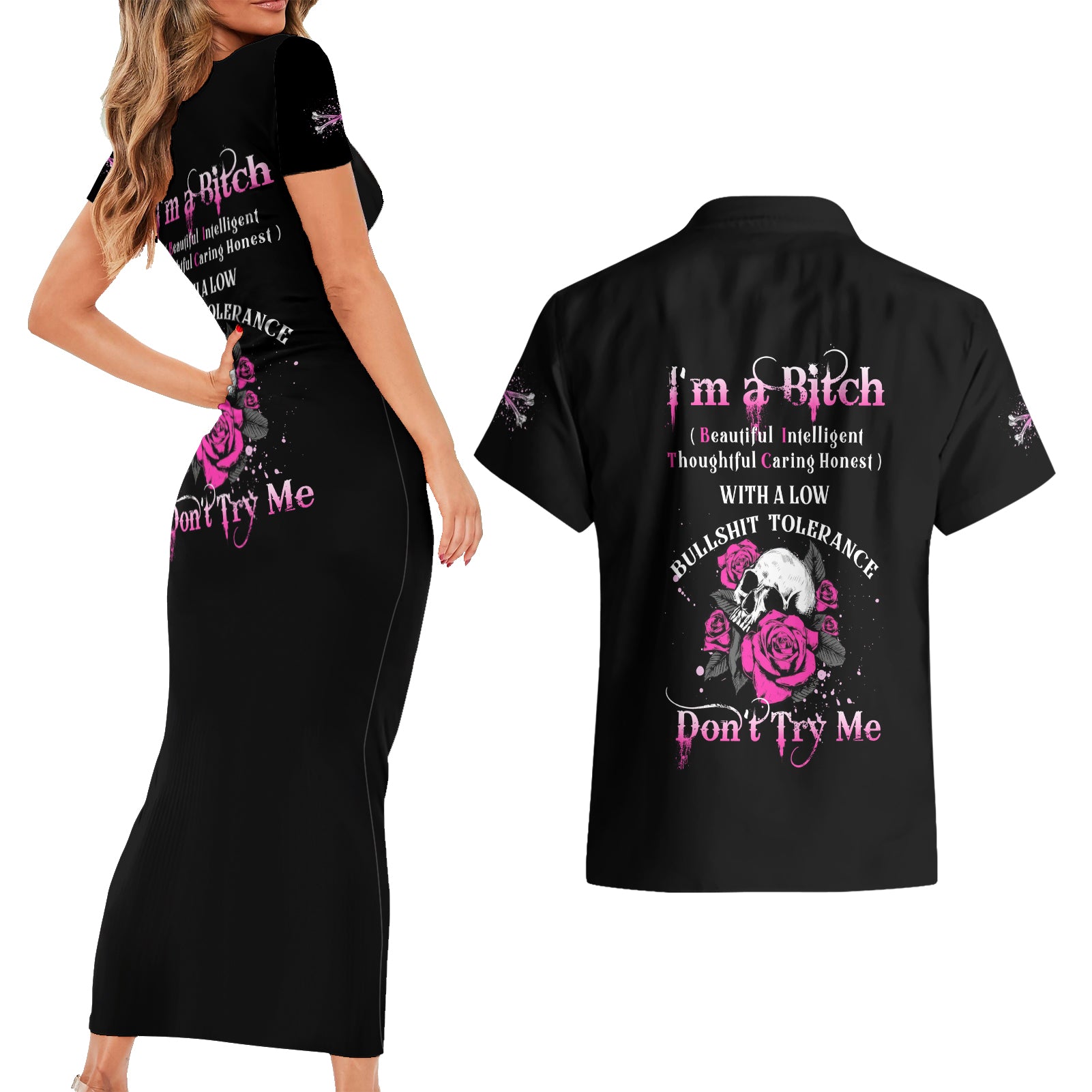 I'm A B Don't Try Me Rose Skull Couples Matching Short Sleeve Bodycon Dress and Hawaiian Shirt - Wonder Print Shop