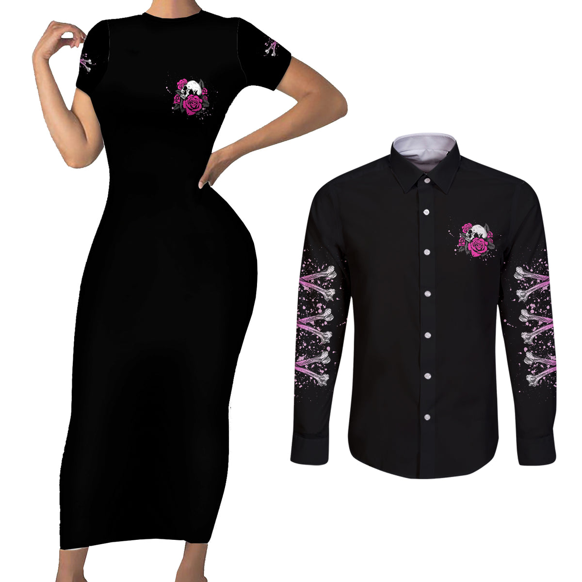 I'm A B Don't Try Me Rose Skull Couples Matching Short Sleeve Bodycon Dress and Long Sleeve Button Shirt - Wonder Print Shop