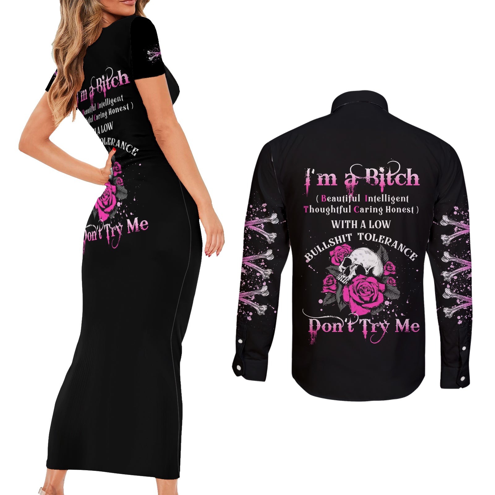 I'm A B Don't Try Me Rose Skull Couples Matching Short Sleeve Bodycon Dress and Long Sleeve Button Shirt - Wonder Print Shop