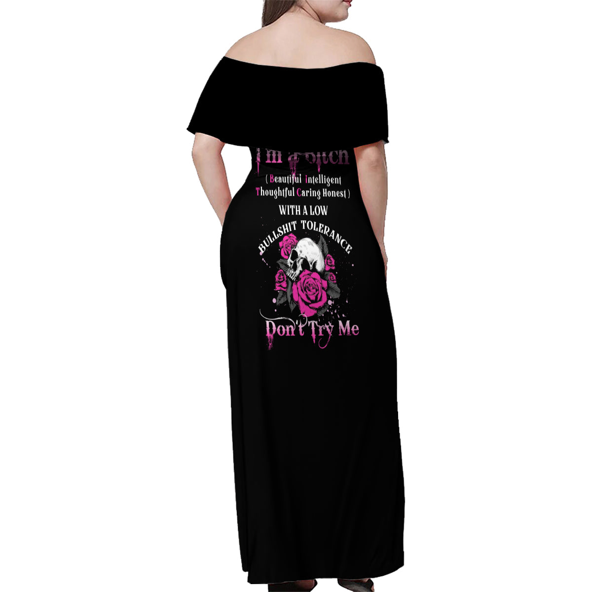 I'm A B Don't Try Me Rose Skull Family Matching Off Shoulder Maxi Dress and Hawaiian Shirt - Wonder Print Shop