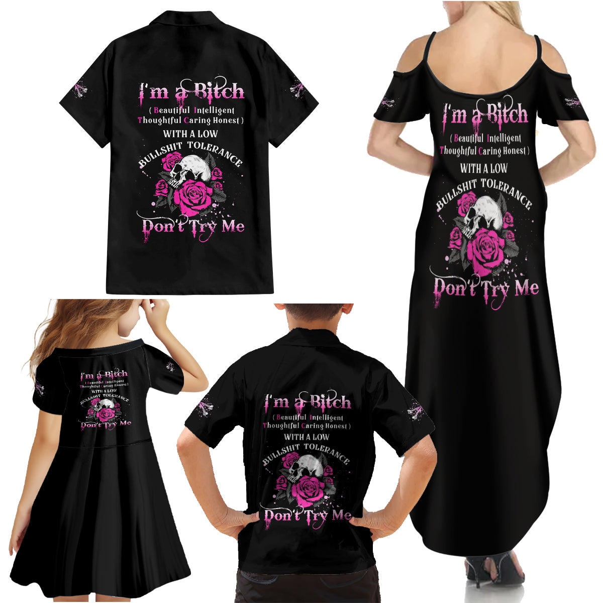 I'm A B Don't Try Me Rose Skull Family Matching Summer Maxi Dress and Hawaiian Shirt - Wonder Print Shop