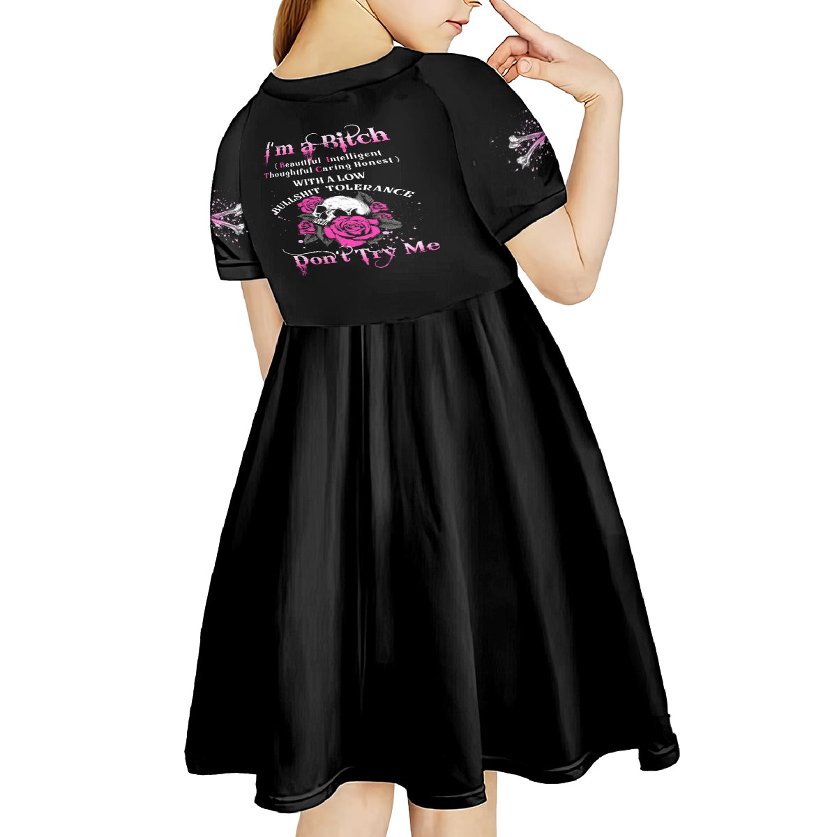 I'm A B Don't Try Me Rose Skull Kid Short Sleeve Dress - Wonder Print Shop
