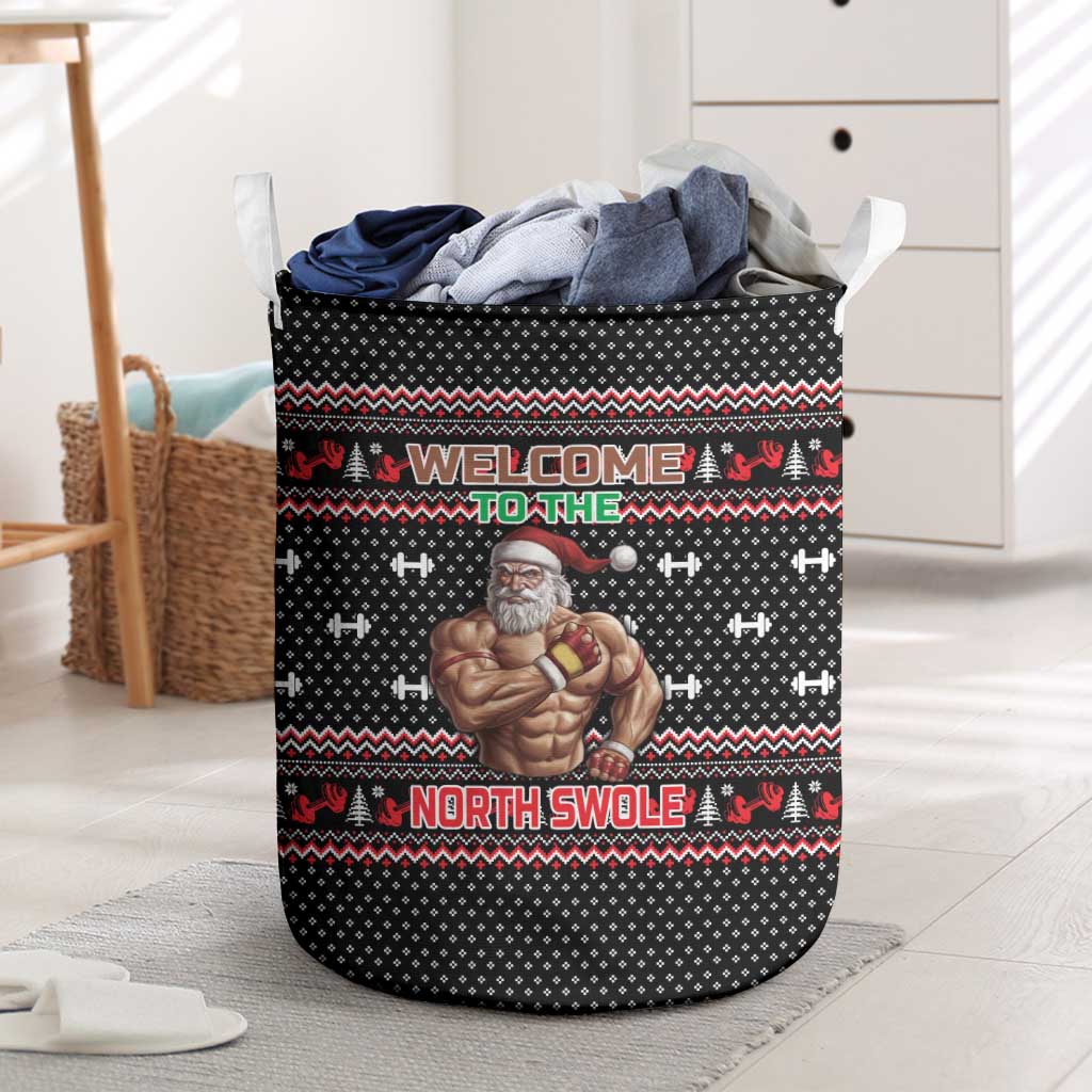 Bodybuilder Santa Christmas Laundry Basket with Welcome to the North Swole Quote and Dumbbell - Wonder Print Shop