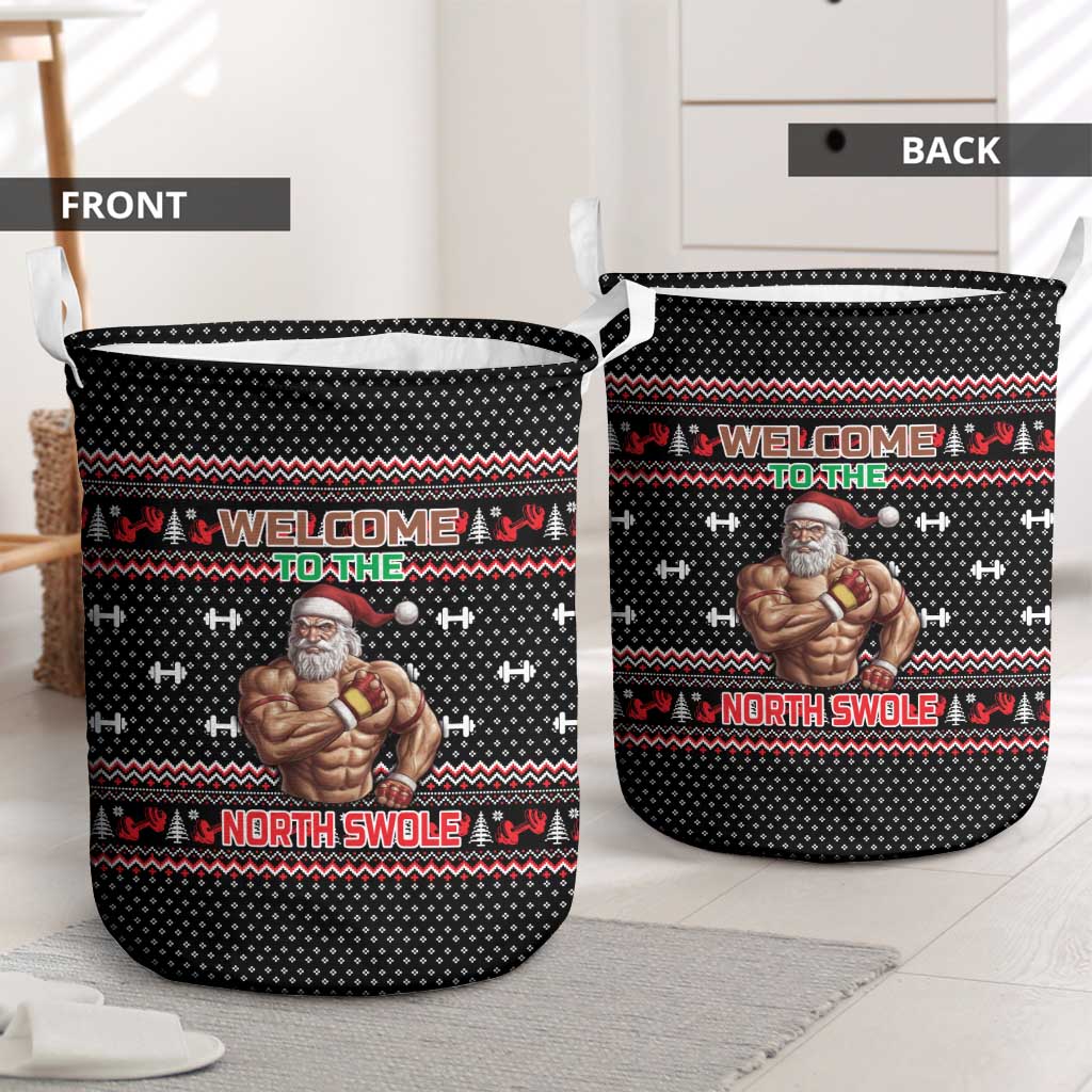 Bodybuilder Santa Christmas Laundry Basket with Welcome to the North Swole Quote and Dumbbell - Wonder Print Shop