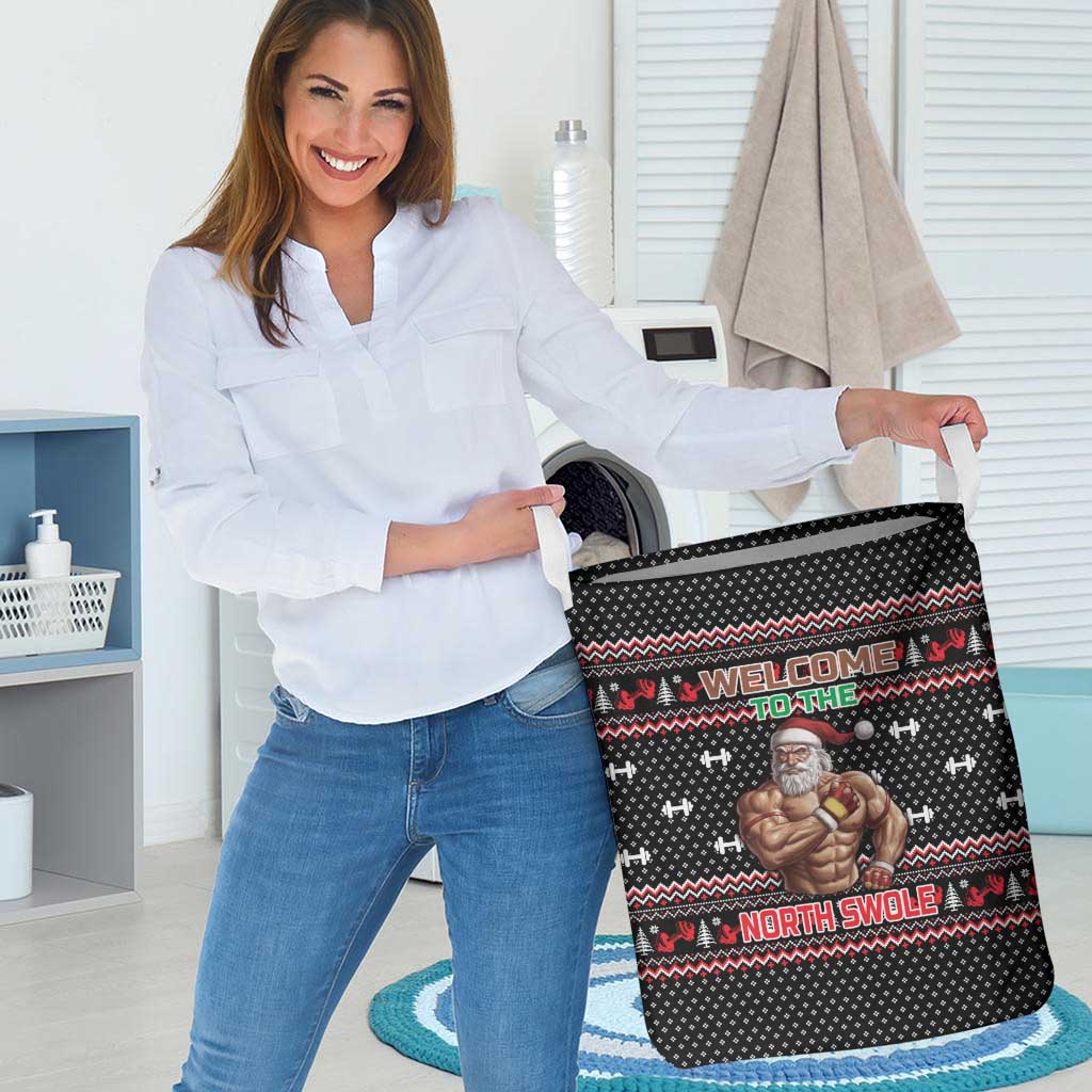 Bodybuilder Santa Christmas Laundry Basket with Welcome to the North Swole Quote and Dumbbell - Wonder Print Shop