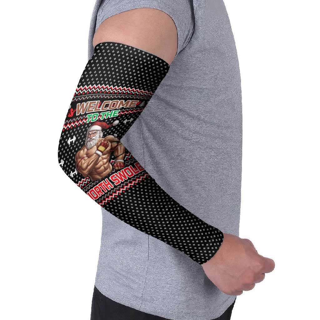 Bodybuilder Santa Christmas Arm Sleeves with Welcome to the North Swole Quote and Dumbbell - Wonder Print Shop