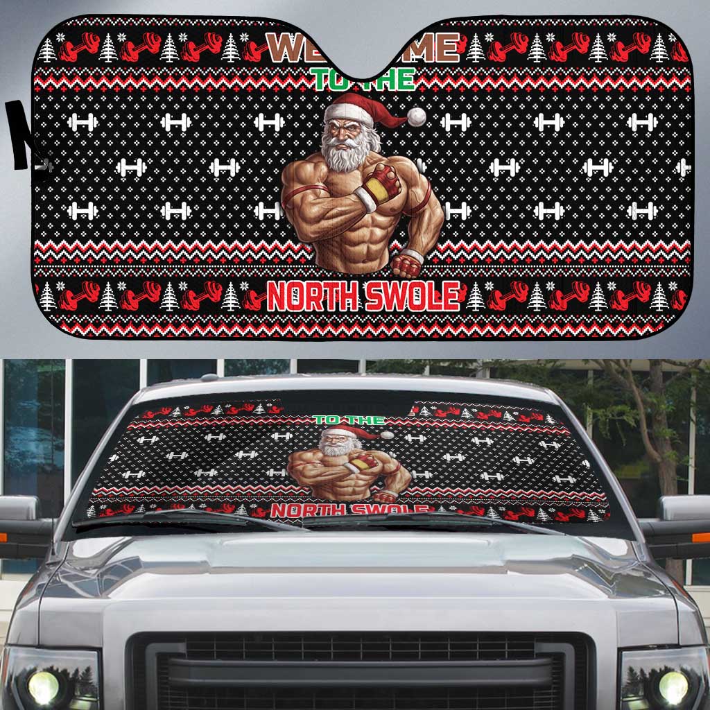 Bodybuilder Santa Christmas Auto Sun Shade with Welcome to the North Swole Quote and Dumbbell - Wonder Print Shop