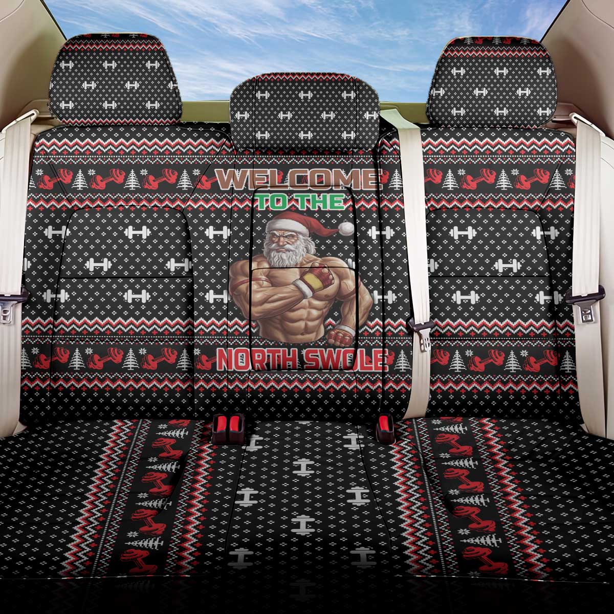 Bodybuilder Santa Christmas Back Car Seat Cover with Welcome to the North Swole Quote and Dumbbell - Wonder Print Shop