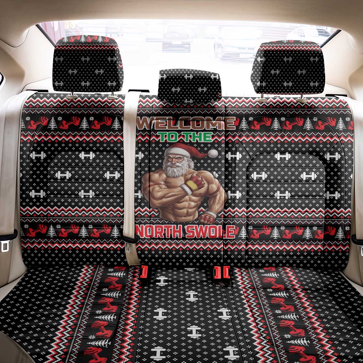 Bodybuilder Santa Christmas Back Car Seat Cover with Welcome to the North Swole Quote and Dumbbell - Wonder Print Shop