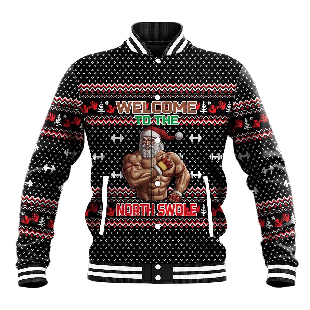 Bodybuilder Santa Christmas Baseball Jacket with Welcome to the North Swole Quote and Dumbbell - Wonder Print Shop