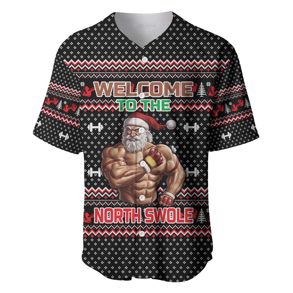 Bodybuilder Santa Christmas Baseball Jersey with Welcome to the North Swole Quote and Dumbbell - Wonder Print Shop