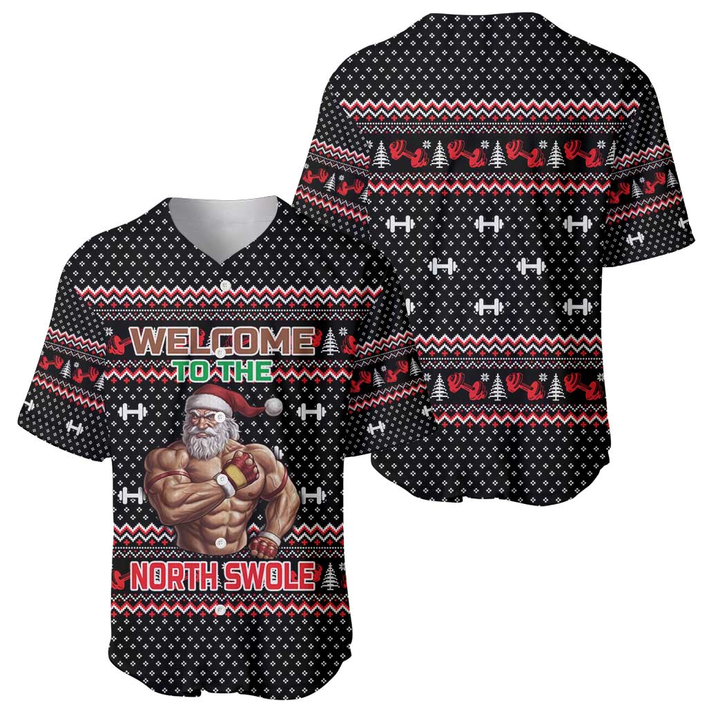 Bodybuilder Santa Christmas Baseball Jersey with Welcome to the North Swole Quote and Dumbbell - Wonder Print Shop