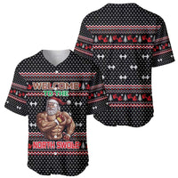 Bodybuilder Santa Christmas Baseball Jersey with Welcome to the North Swole Quote and Dumbbell - Wonder Print Shop