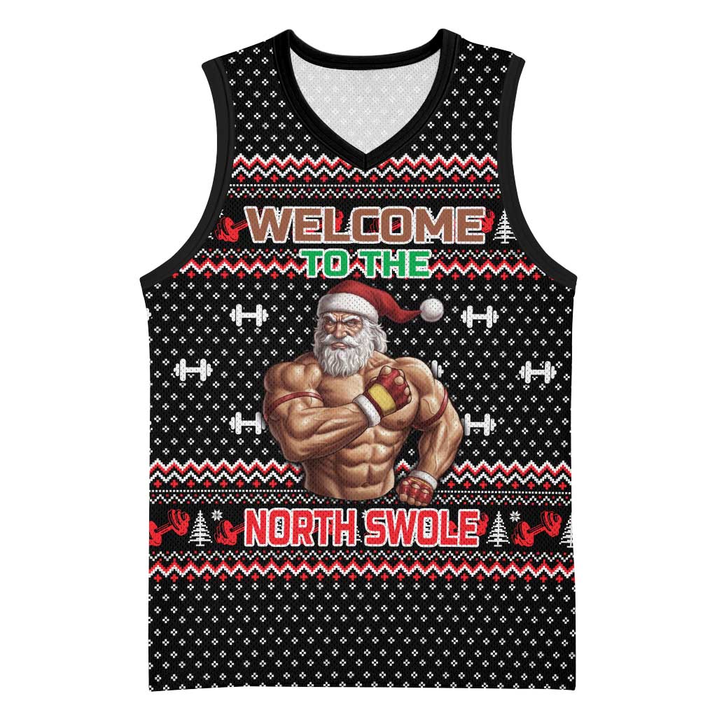 Bodybuilder Santa Christmas Basketball Jersey with Welcome to the North Swole Quote and Dumbbell - Wonder Print Shop