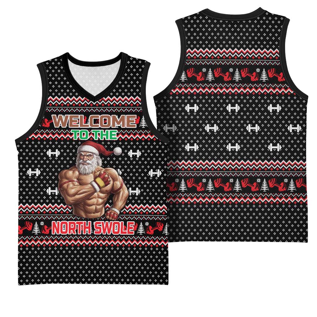 Bodybuilder Santa Christmas Basketball Jersey with Welcome to the North Swole Quote and Dumbbell - Wonder Print Shop