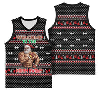 Bodybuilder Santa Christmas Basketball Jersey with Welcome to the North Swole Quote and Dumbbell - Wonder Print Shop