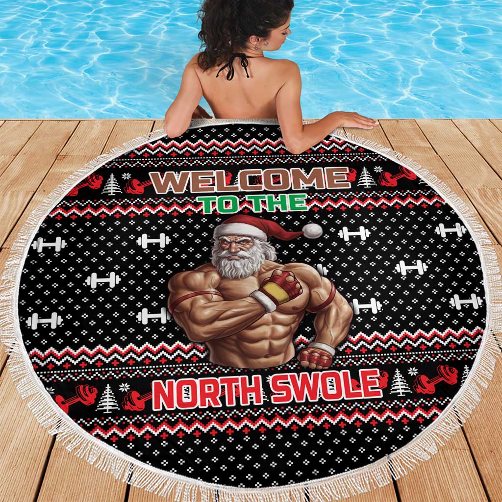 Bodybuilder Santa Christmas Beach Blanket with Welcome to the North Swole Quote and Dumbbell - Wonder Print Shop