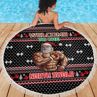 Bodybuilder Santa Christmas Beach Blanket with Welcome to the North Swole Quote and Dumbbell - Wonder Print Shop