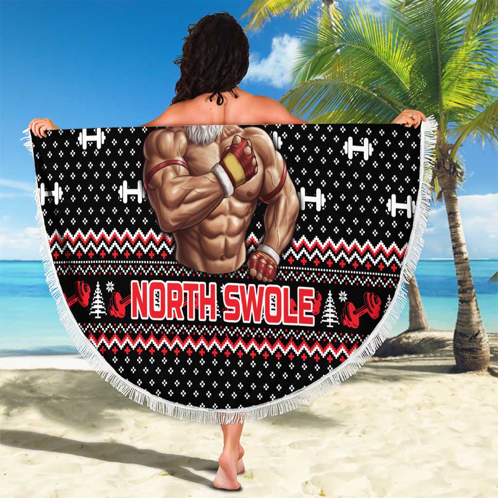 Bodybuilder Santa Christmas Beach Blanket with Welcome to the North Swole Quote and Dumbbell - Wonder Print Shop