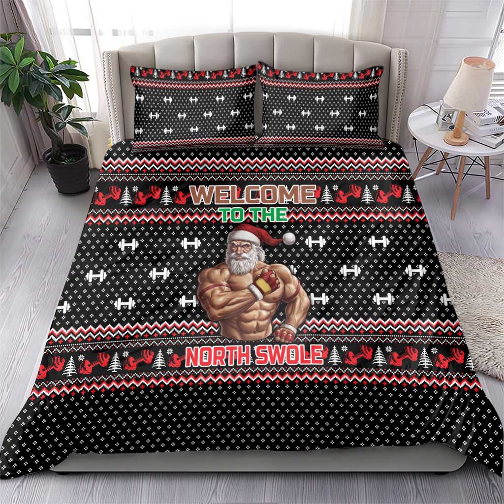 Bodybuilder Santa Christmas Bedding Set with Welcome to the North Swole Quote and Dumbbell - Wonder Print Shop