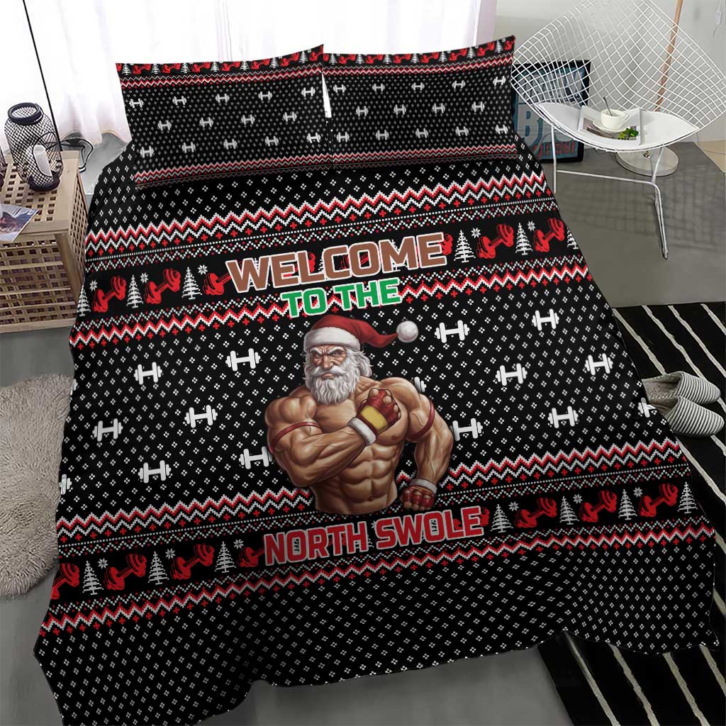 Bodybuilder Santa Christmas Bedding Set with Welcome to the North Swole Quote and Dumbbell - Wonder Print Shop