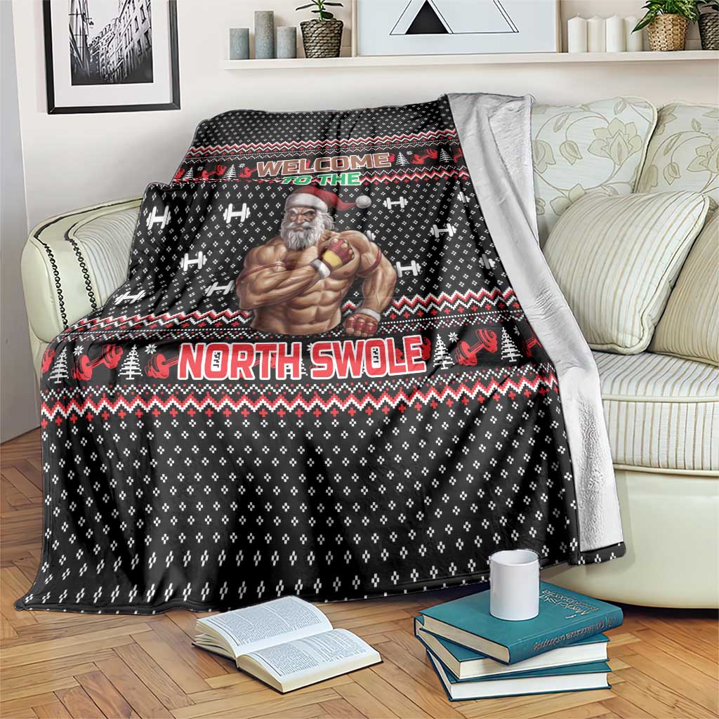 Bodybuilder Santa Christmas Blanket with Welcome to the North Swole Quote and Dumbbell - Wonder Print Shop