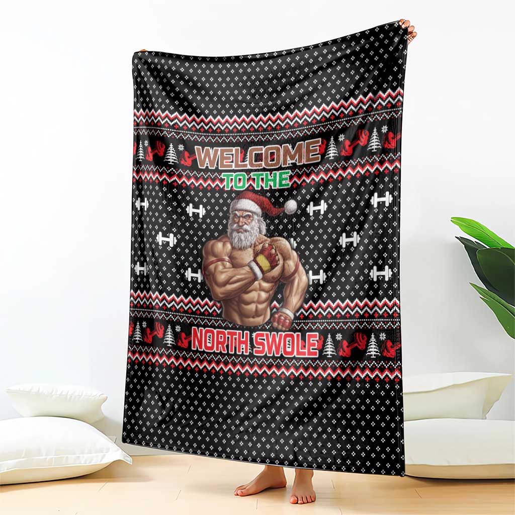 Bodybuilder Santa Christmas Blanket with Welcome to the North Swole Quote and Dumbbell - Wonder Print Shop