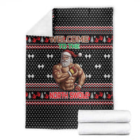 Bodybuilder Santa Christmas Blanket with Welcome to the North Swole Quote and Dumbbell - Wonder Print Shop