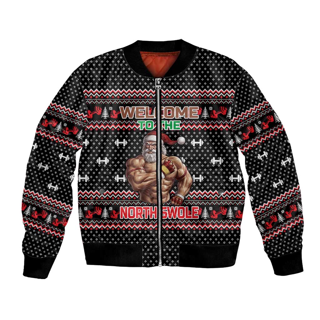 Bodybuilder Santa Christmas Bomber Jacket with Welcome to the North Swole Quote and Dumbbell - Wonder Print Shop