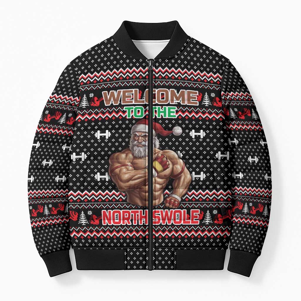 Bodybuilder Santa Christmas Bomber Puffer Jacket with Welcome to the North Swole Quote and Dumbbell - Wonder Print Shop