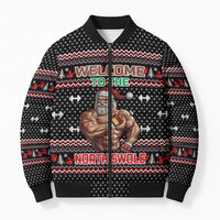 Bodybuilder Santa Christmas Bomber Puffer Jacket with Welcome to the North Swole Quote and Dumbbell - Wonder Print Shop