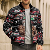 Bodybuilder Santa Christmas Bomber Puffer Jacket with Welcome to the North Swole Quote and Dumbbell - Wonder Print Shop