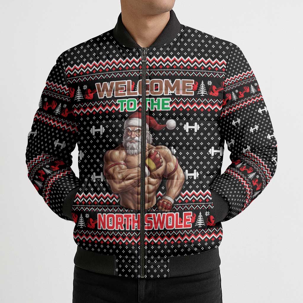 Bodybuilder Santa Christmas Bomber Puffer Jacket with Welcome to the North Swole Quote and Dumbbell - Wonder Print Shop