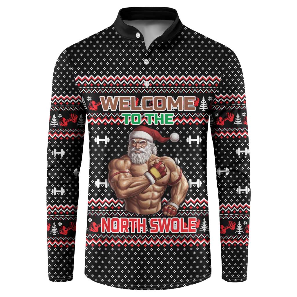 Bodybuilder Santa Christmas Button Sweatshirt with Welcome to the North Swole Quote and Dumbbell - Wonder Print Shop