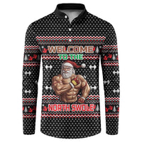 Bodybuilder Santa Christmas Button Sweatshirt with Welcome to the North Swole Quote and Dumbbell - Wonder Print Shop