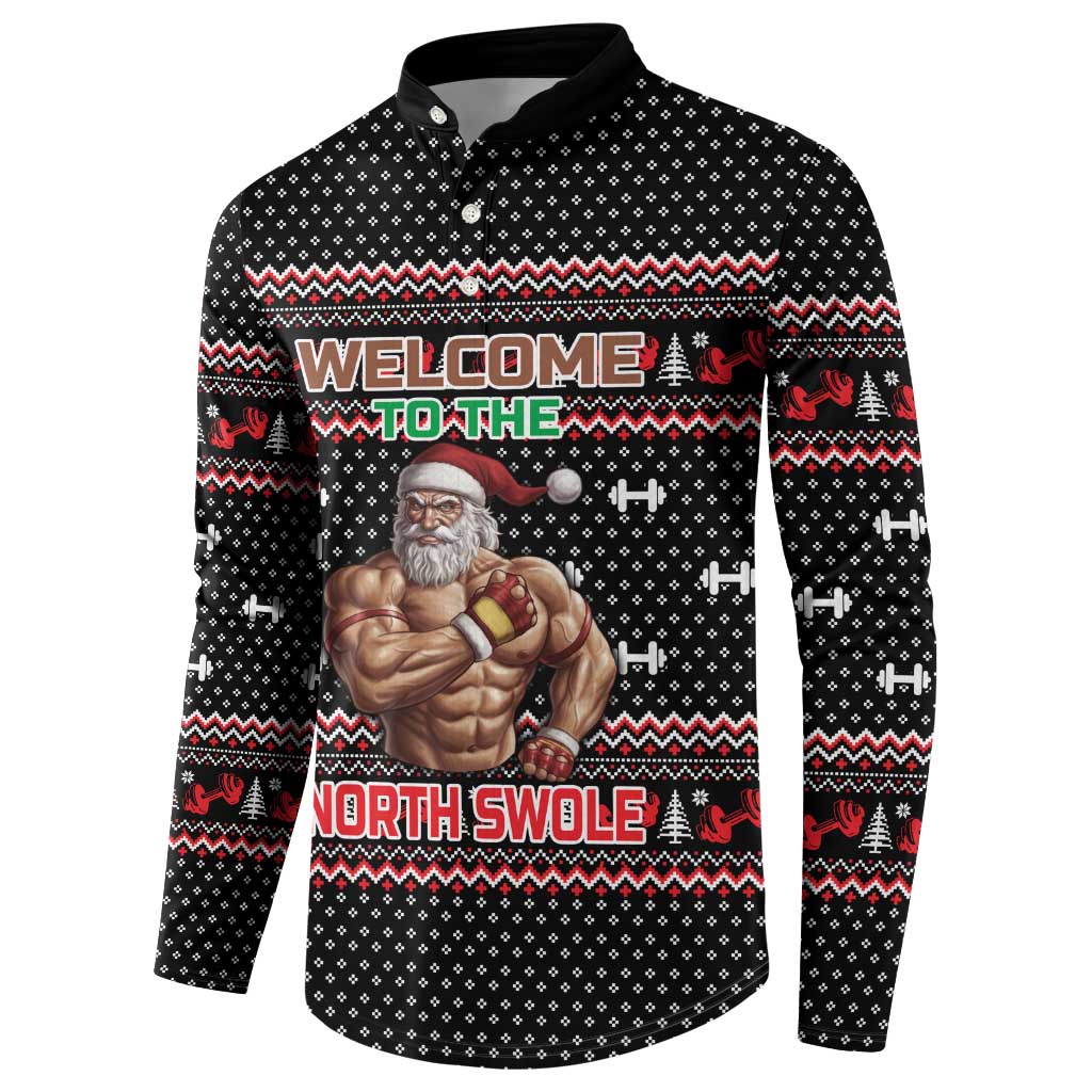 Bodybuilder Santa Christmas Button Sweatshirt with Welcome to the North Swole Quote and Dumbbell - Wonder Print Shop